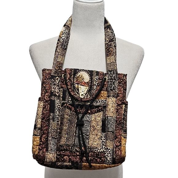 Quilted Elegant Patchwork Brown Cream Black Ten Pocket Hand Shoulder Hobo Bag - Picture 1 of 12
